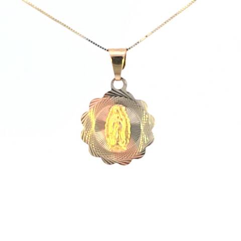 10K Real Gold Tricolor Flower Design Mother Mary Small Charm with Box Chain
