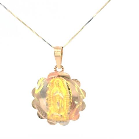 10K Real Gold Tricolor Mother Mary Flower Design Medium Charm with Box Chain
