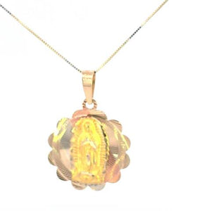 10K Real Gold Tricolor Mother Mary Flower Design Medium Charm with Box Chain