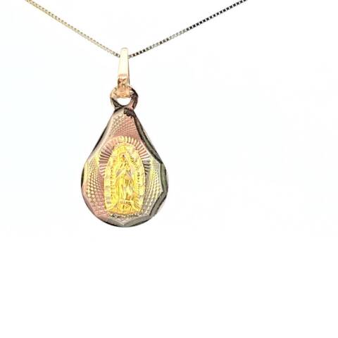 10K Real Gold Tricolor Mother Mary Teardrop Style Charm with Box Chain