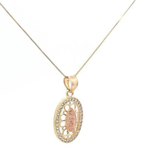 10K Real Two-Tone Oval CZ Mother Mary Fancy Charm with Box Chain
