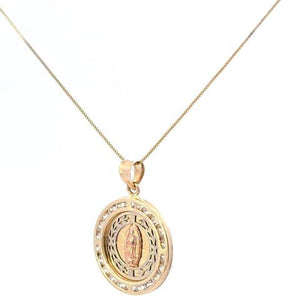 10K Real Gold Precious Star Round CZ Mother Mary Charm with Box Chain