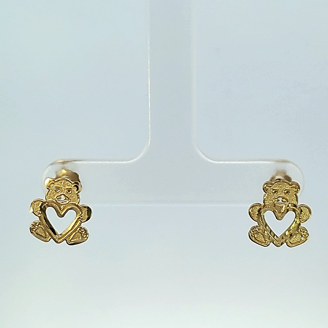 10K Solid Yellow Gold Teddy Bear with Heart Earrings