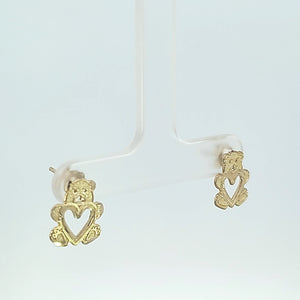 10K Solid Yellow Gold Teddy Bear with Heart Earrings