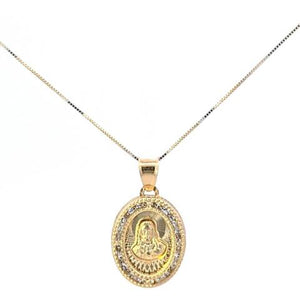 10K Real Gold Oval Jesus & Mother Mary Reversible CZ Charm with Box Chain