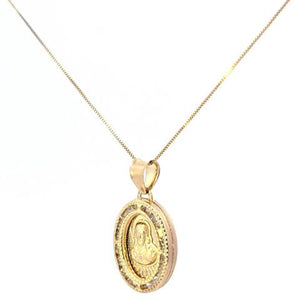 10K Real Gold Oval Jesus & Mother Mary Double Sided CZ Charm with Box Chain