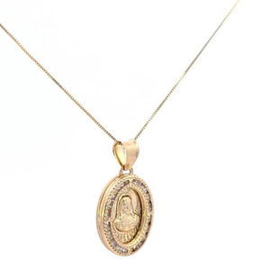 10K Real Gold Oval Jesus & Mother Mary Reversible CZ Charm with Box Chain