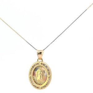 10K Real Gold Oval Jesus & Mother Mary Reversible CZ Charm with Box Chain
