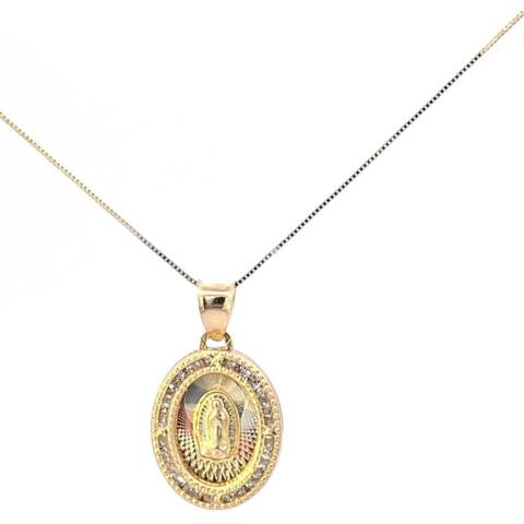 10K Real Gold Oval Jesus & Mother Mary Reversible CZ Charm with Box Chain