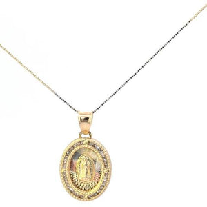 10K Real Gold Oval Jesus & Mother Mary Double Sided CZ Charm with Box Chain