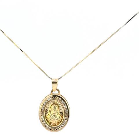 10K Real Gold Jesus & Mother Mary Double Sided Oval CZ Small Charm and Box Chain