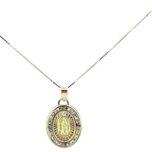 10K Real Gold Jesus & Mother Mary Double Sided Oval CZ Small Charm and Box Chain