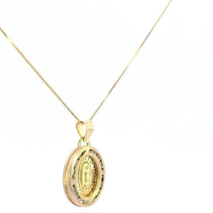 10K Real Gold Jesus & Mother Mary Double Sided Oval CZ Small Charm and Box Chain