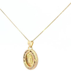 10K Real Gold Jesus & Mother Mary Double Sided Oval CZ Small Charm and Box Chain