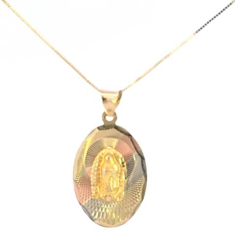 10K Real Gold TriColor Mother Mary Small Oval Charm with Box Chain