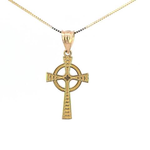 10K Real Gold Celtic Cross Small Charm with Box Chain