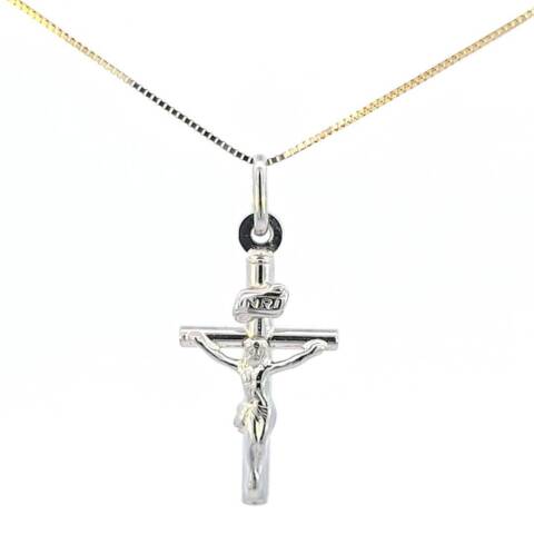 10K Real White Gold "INRI" Jesus Cross Small Charm with Box Chain