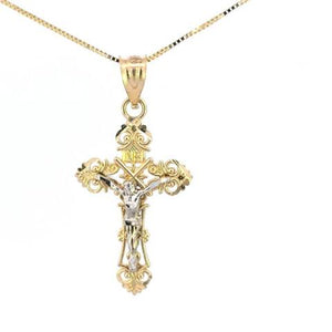 10K Real Gold Two-tone Jesus Crucifix Cross Charm with Box Chain