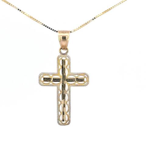 10K Real Gold Two Tone Diamond Cut Small Cross Charm with Box Chain