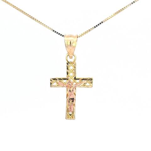 10K Real Gold Two-Tone Jesus Cross Small Charm with Box Chain
