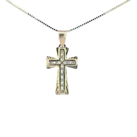10K Real Gold CZ Small Reversible Cross Small Charm with Box Chain