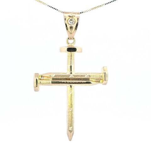10K Real Gold Two-Tone Nail Cross Charm with Box Chain