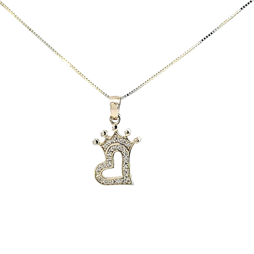 10K Solid Real Gold Valentine Cz Heart with Crown Charm/Pendant with Box Chain