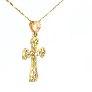10K Real Gold Filigree Cross CZ Small Charm with Box Chain