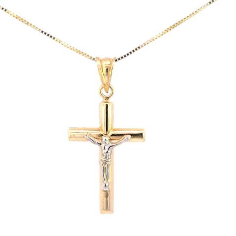 10K Real Gold Two-Tone Tube Cross with Jesus Medium Charm with Box Chain