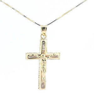 10K Real Gold Greek Design Cross with Jesus CZ Charm with Box Chain