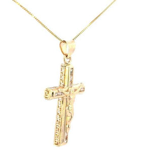 10K Real Gold Crucifix CZ Double Sided Greek Design Charm with Box Chain