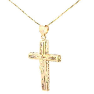 10K Real Gold Crucifix CZ Double Sided Greek Design Charm with Box Chain