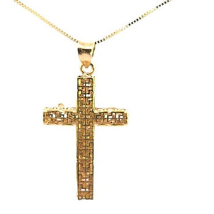 10K Real Gold Crucifix CZ Double Sided Greek Design Charm with Box Chain