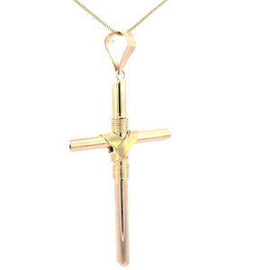 10K Real Gold Wire Wrapped Tube Cross Reversible Big Charm with Box Chain