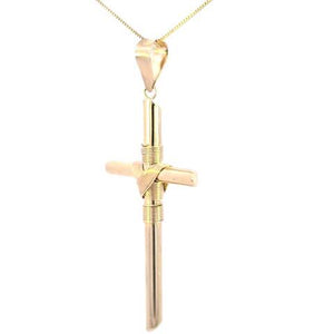 10K Real Gold Wire Wrapped Tube Cross Reversible Big Charm with Box Chain