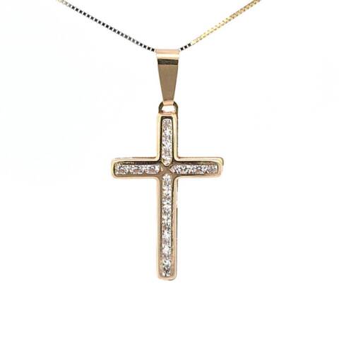 10K Real Gold CZ Cross Charm with Box Chain