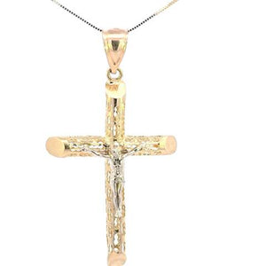 10K Real Gold Two-Tone Crucifix Tube Style Big Cross Charm with Box Chain