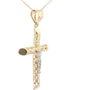 10K Real Gold Two-Tone Crucifix Tube Style Big Cross Charm with Box Chain