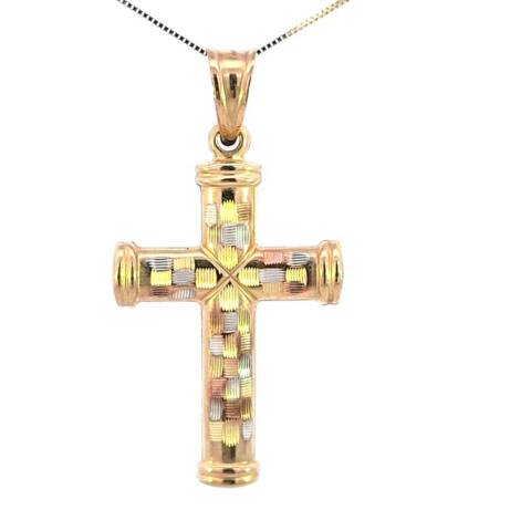 10K Real Gold Tri Color Reversible Cross Charm with Box Chain