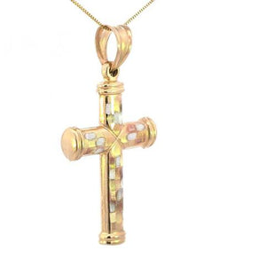 10K Real Solid Gold Tri Color Cross Big Reversible Medium Charm with Box Chain