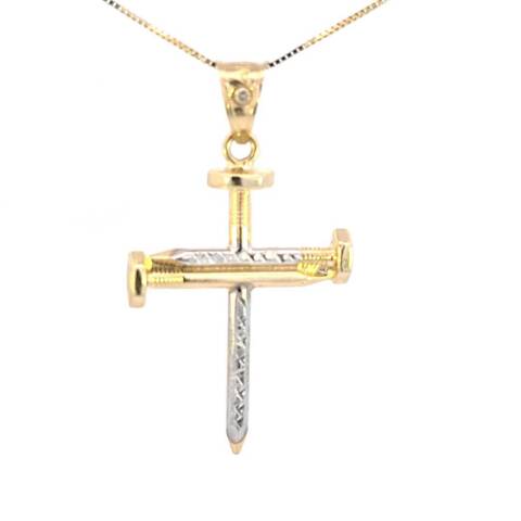 10K Real Gold Two Tone Screw Nail Cross CZ Charm with Box Chain