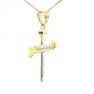 10K Real Gold Two Tone Screw Nail Cross Charm with Box Chain