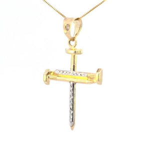 10K Real Gold Two Tone Screw Nail Cross Charm with Box Chain