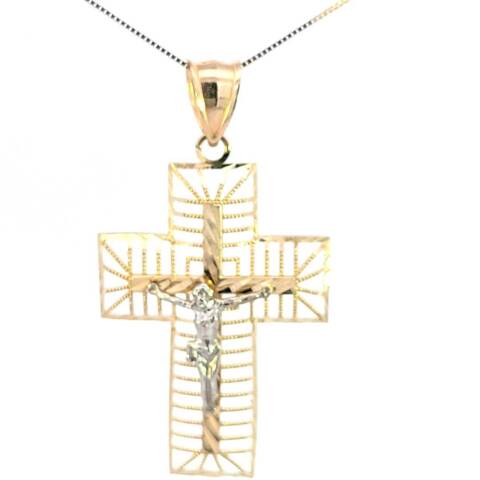 10K Real Gold Two Tone Medium Crucifix Charm with Box Chain