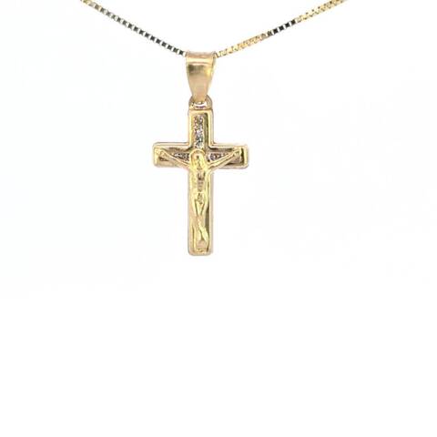 10K Real Gold Jesus Cross CZ Small Charm with Box Chain