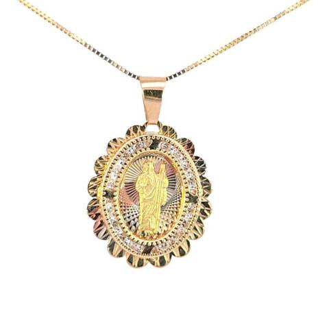 10K Real Gold Tri Color Fancy Oval Saint Jude Charm with Box Chain