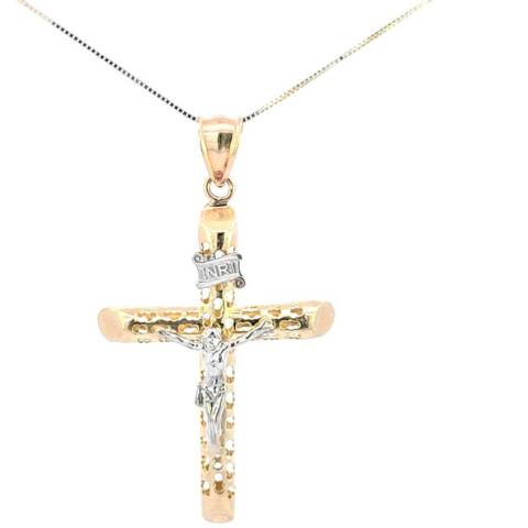 10K Real Gold Two-Tone "INRI" Jesus Cross Hollow Tube Style Charm with Box Chain