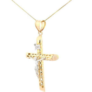 10K Real Gold Two-Tone "INRI" Jesus Cross Hollow Tube Style Charm with Box Chain