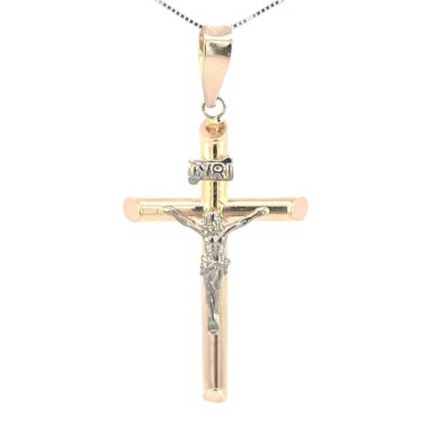 10K Real Gold Two Tone "INRI" Tube Style Crucifix Medium Charm with Box Chain