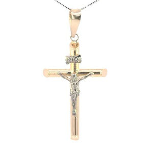 10K Real Gold Two Tone "INRI" Tube Style Crucifix Medium Charm with Box Chain